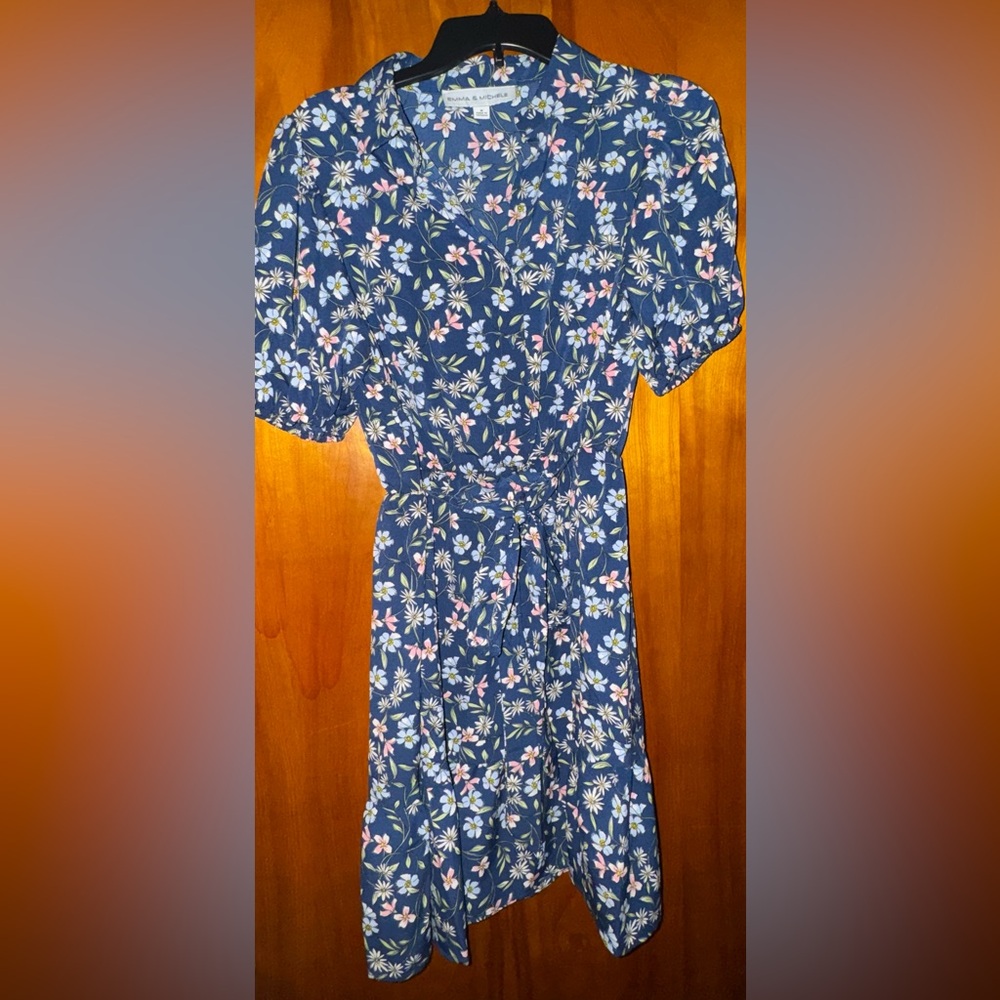 Emma&Michele Floral Blue Short Dress with Pink and White Flowers